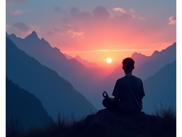 山頂で瞑想する個人、夕暮れの空